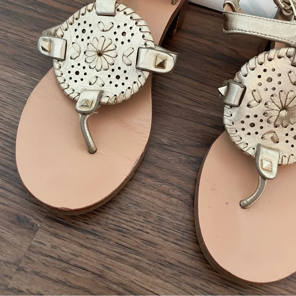 Jack Rogers Gretchen Block Heel Sandals Sz 7 Gold Leather